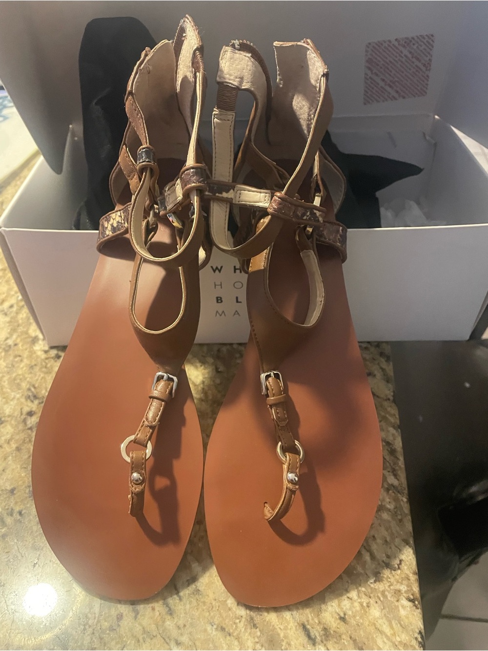 White House Black Market Brown T-Strap Leather Sandals